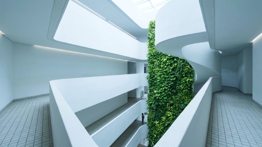 Modern sustainable building interior with vertical garden
